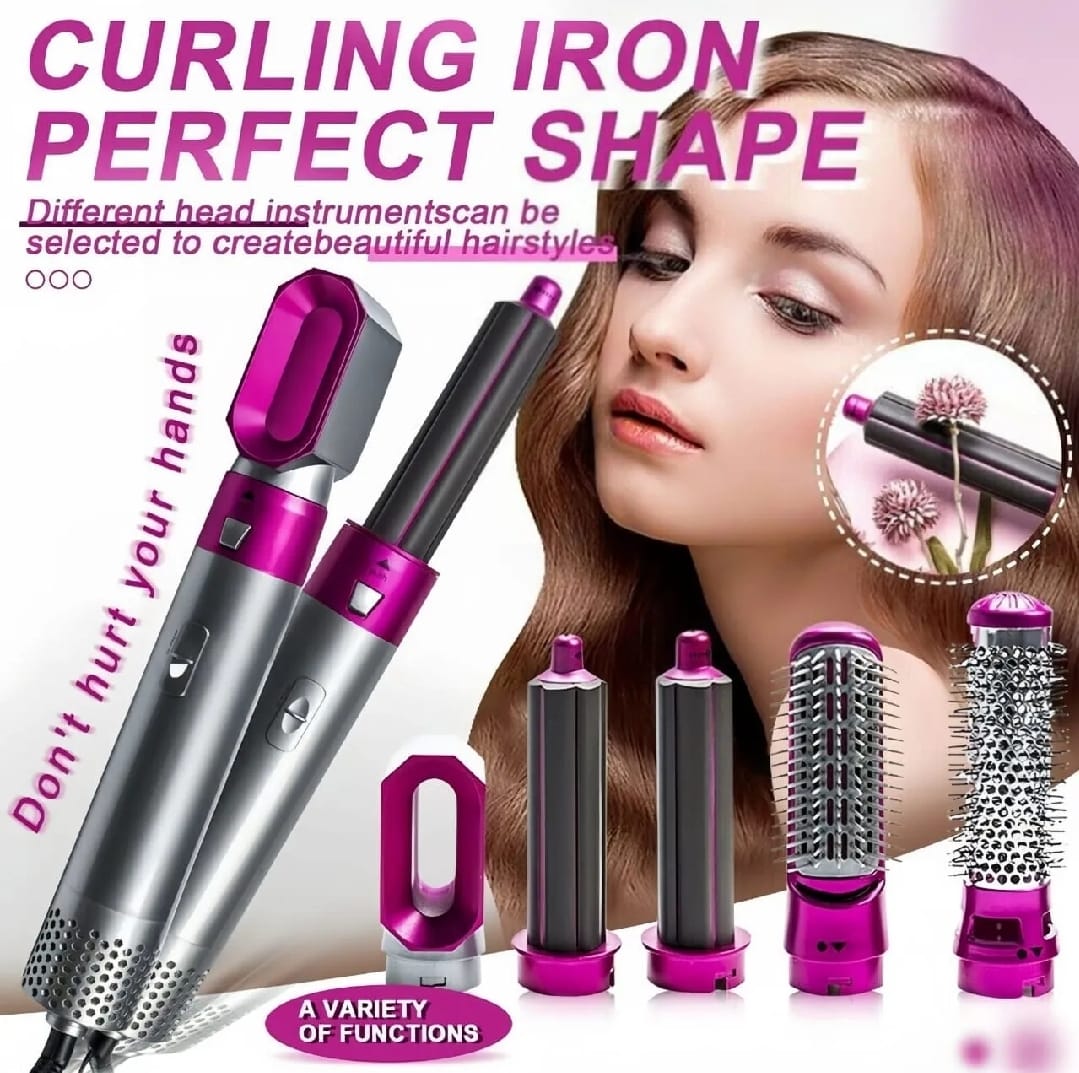 High Quality 5 In 1 Hair Styler Brush | Hair Straightener, Curler, Blow Dryer & Volumizer | Negative Ionic Electric Air Wrap With Detachable Brush Heads (Random Color)